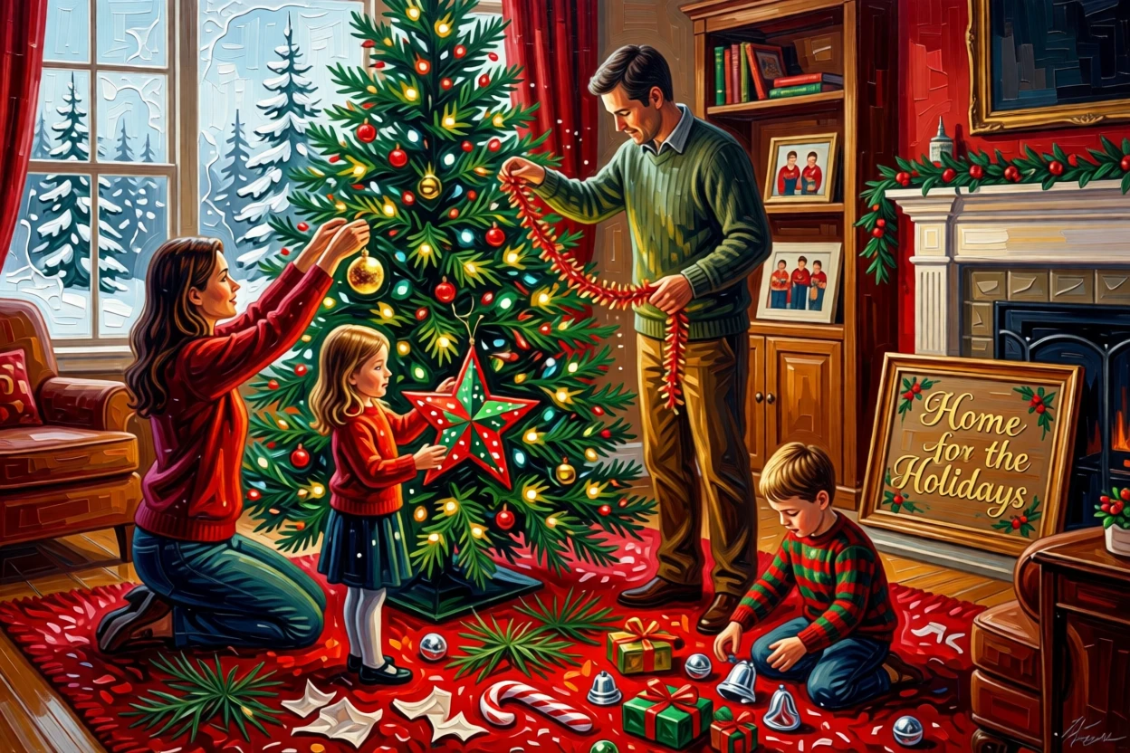 A family decorating a Christmas tree together, ornaments scattered across the living room floor