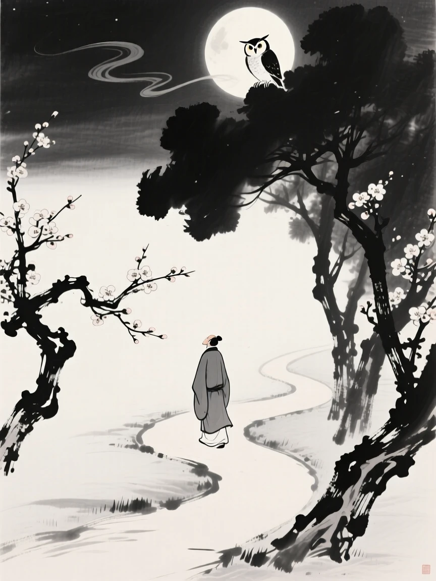 A lone figure walks along a moonlit garden path beneath blossoming trees, as an owl calls from somewhere deep in the trees.