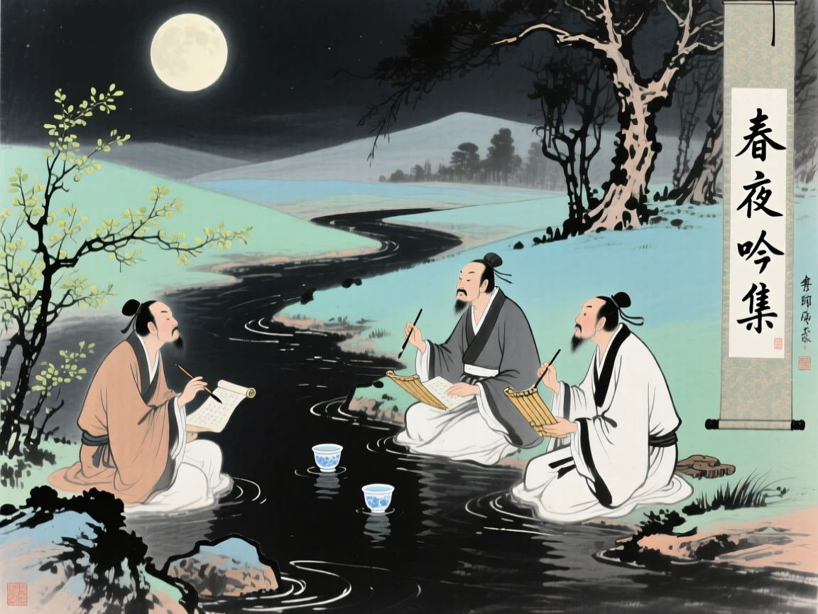 A gathering of poets composing verses beside a winding stream, cups floating between them, in early spring, under a full moon.