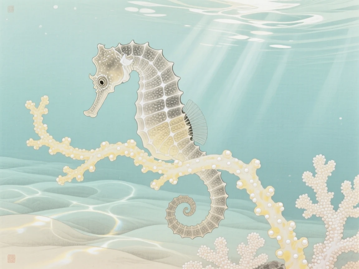 A seahorse curled around a strand of coral in clear water dappled with sunlight