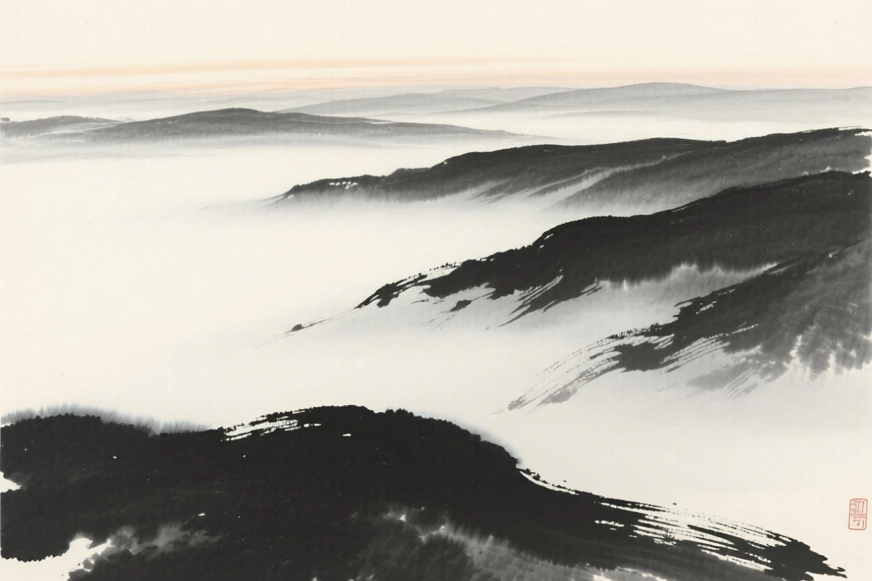 A remote valley wrapped in low-lying morning mist as evening shadows stretch long across the land, viewed from a high vantage point looking down across the whole scene, suggesting the quiet vastness of the natural world.