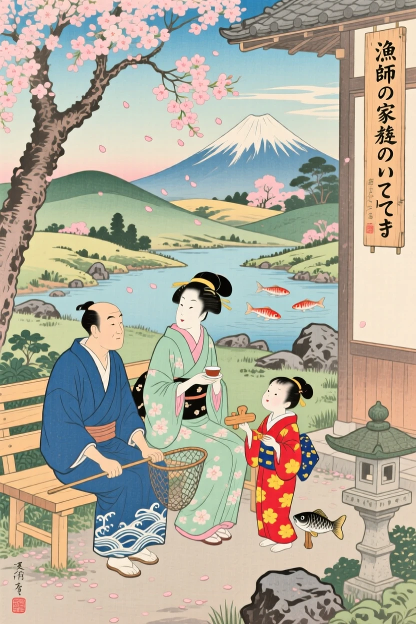 A fisherman's family sharing a quiet moment on a garden bench.
