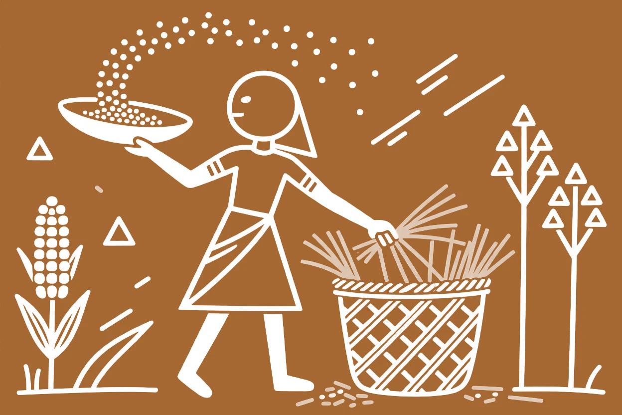 A woman winnowing grain weaving a basket from dried reeds.