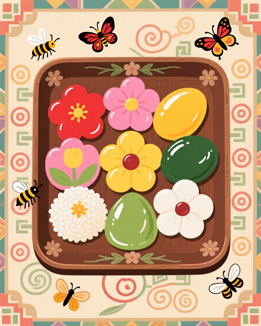 A tray of colorful tteok rice cakes shaped like flowers.