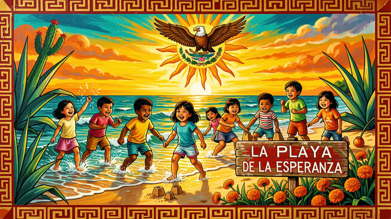 A group of children playing in gentle waves on a sandy beach