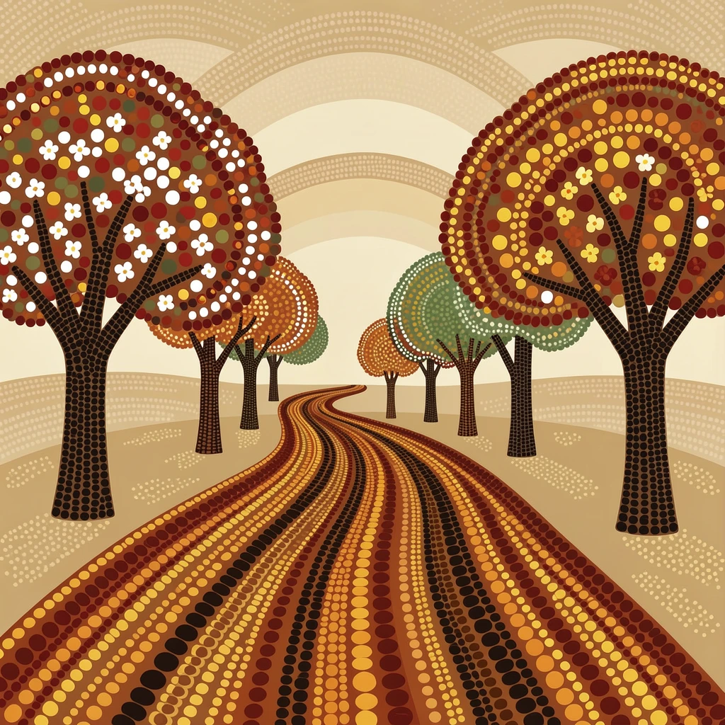 A quiet countryside road lined with blossoming trees