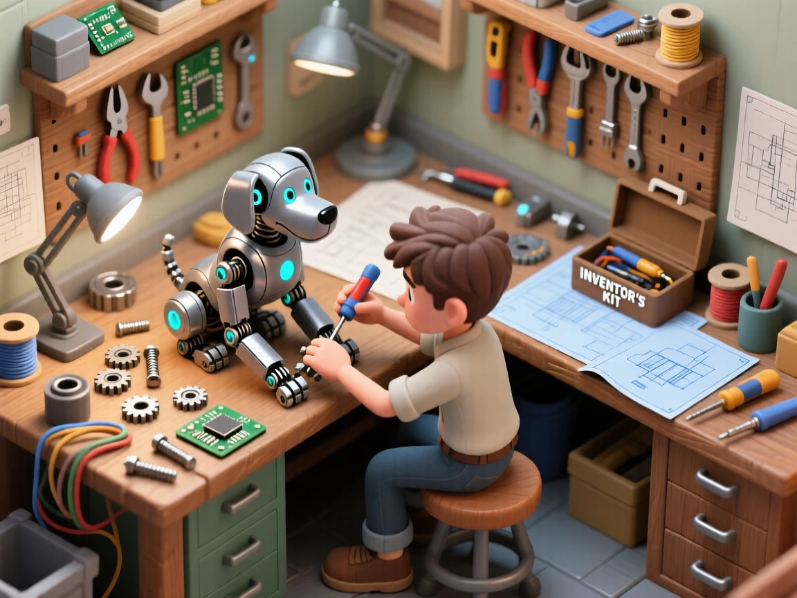 A young inventor building a robotic dog companion in a cluttered workshop filled with spare parts.