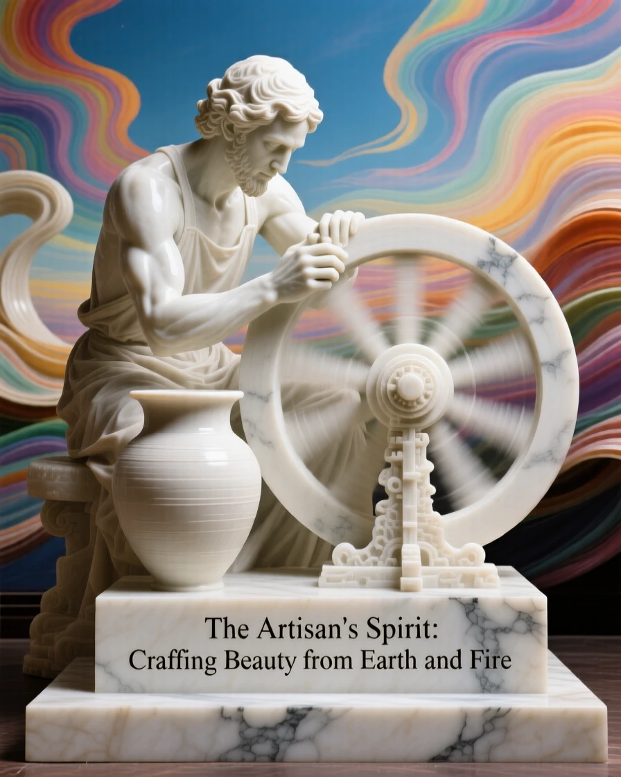 A beautifully composed image of a potter shaping clay on a spinning wheel, under a brilliant, colorful sky, full of atmosphere and visual storytelling