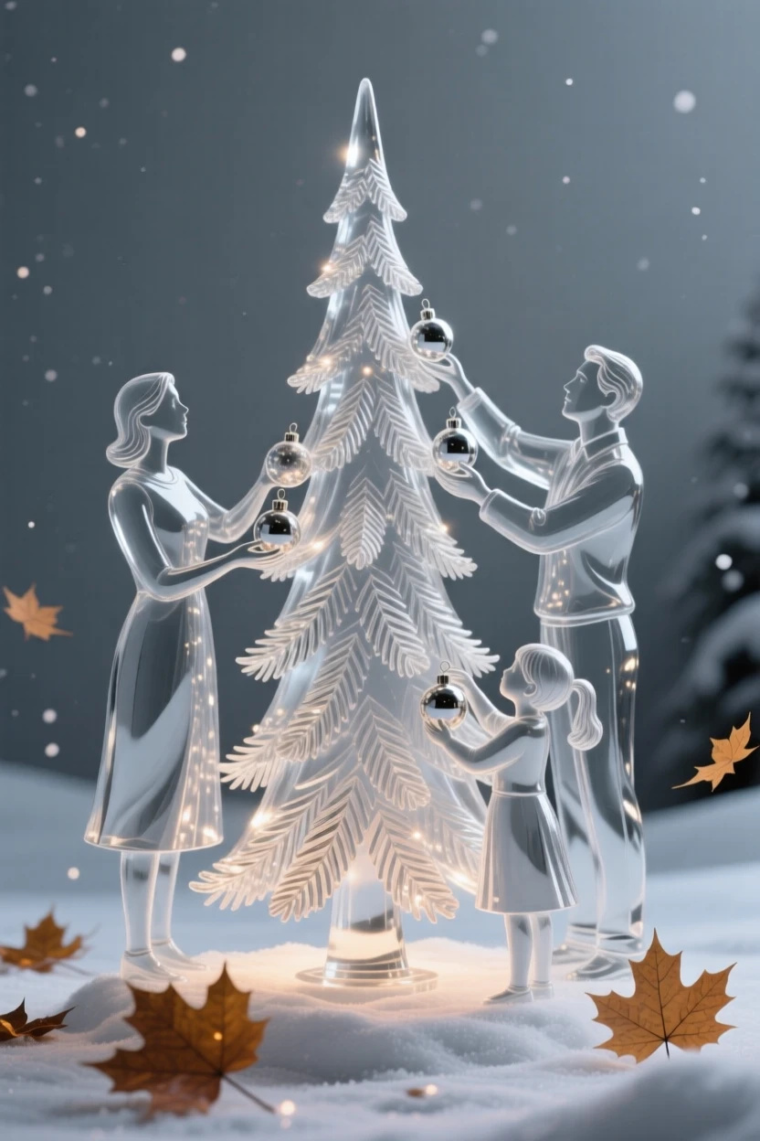 A family decorating a towering tree on a snowy evening, as autumn leaves drift slowly to the ground