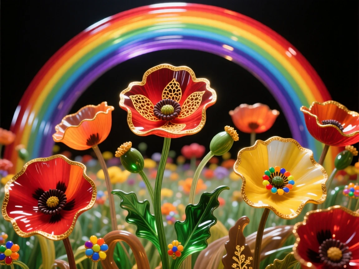 A field of blooming poppies stretching beneath a double rainbow, hopeful and vivid.