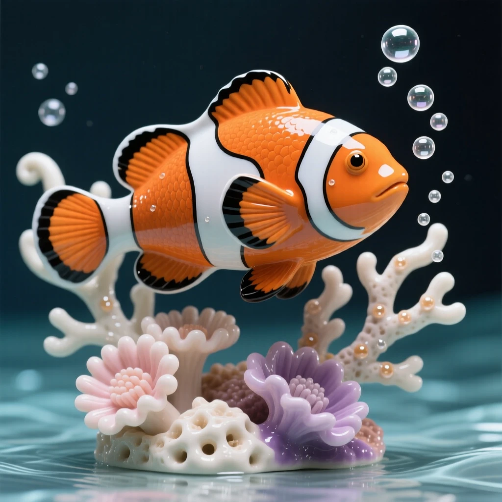 A vibrant clownfish darting among anemones curled gracefully around swaying coral, surrounded by drifting bubbles, capturing a fleeting moment of underwater grace.