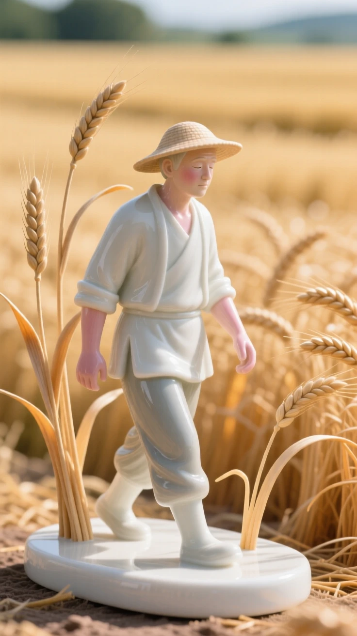An everyday moment of quiet beauty: a farmer walking through golden wheat fields, captured in soft natural light.