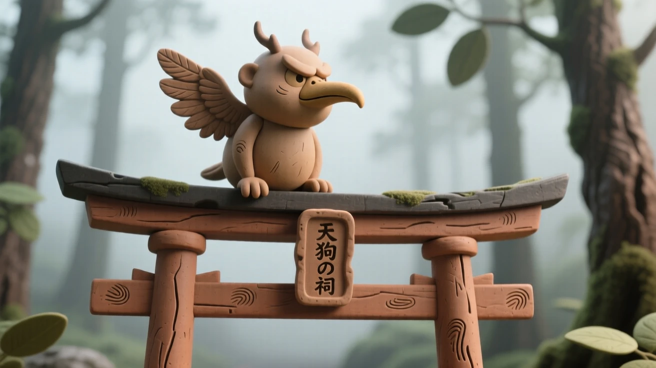 A tengu perched atop a torii gate in a misty forest