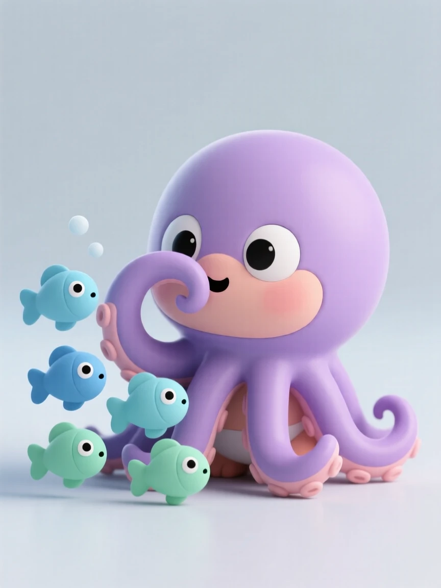 A curious baby kraken plays peekaboo with a school of fish using one small curious tentacle.