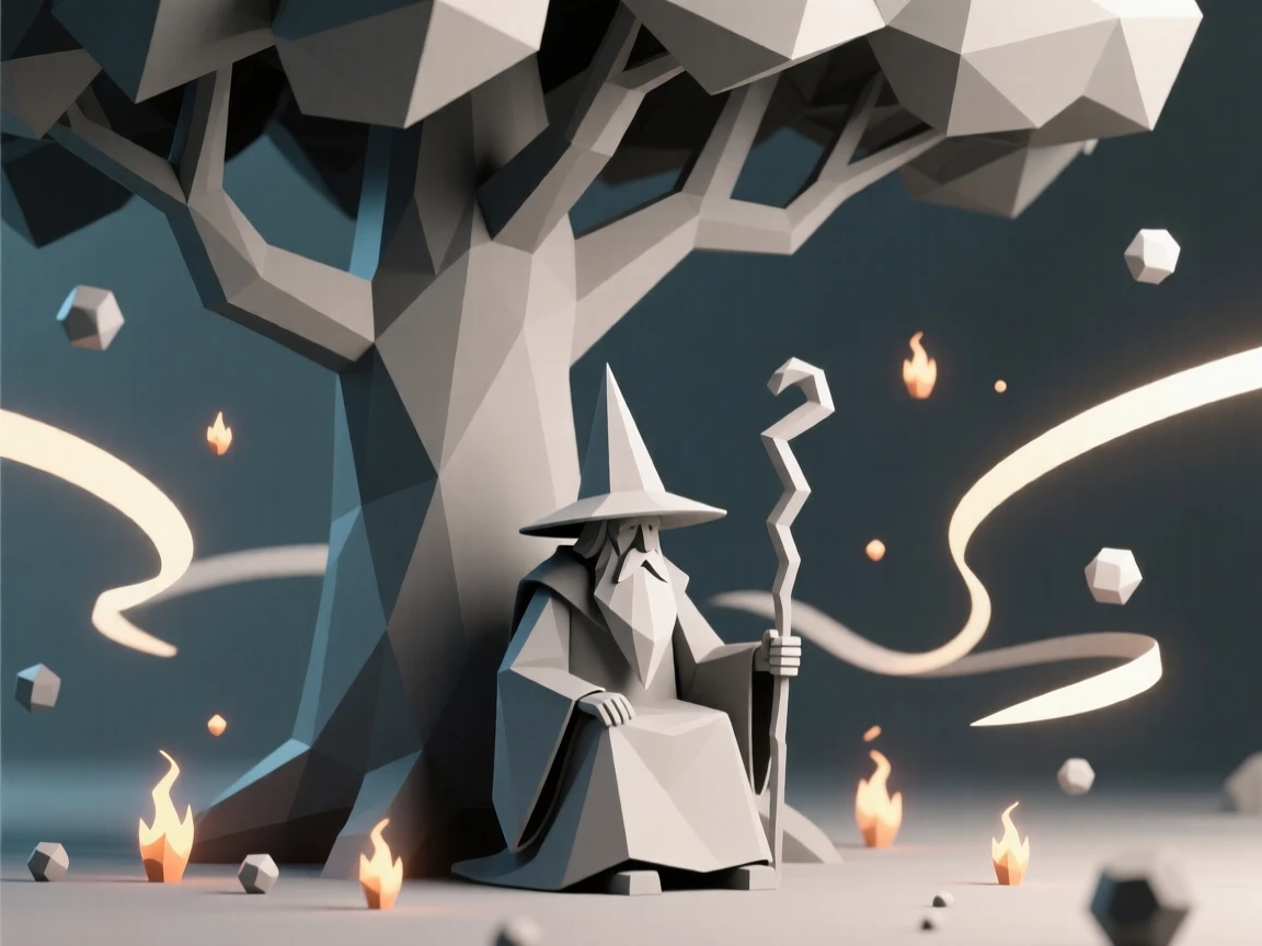 A wise old wizard reading beneath a giant tree, surrounded by drifting magical embers. swirling particles of light drift through the air. There is an air of ancient mystery.