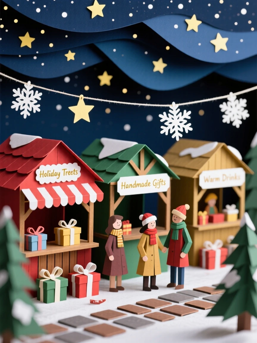 A festive winter holiday market glowing softly under a starry sky, with family gathered warmly together, capturing the spirit of gratitude and joy.