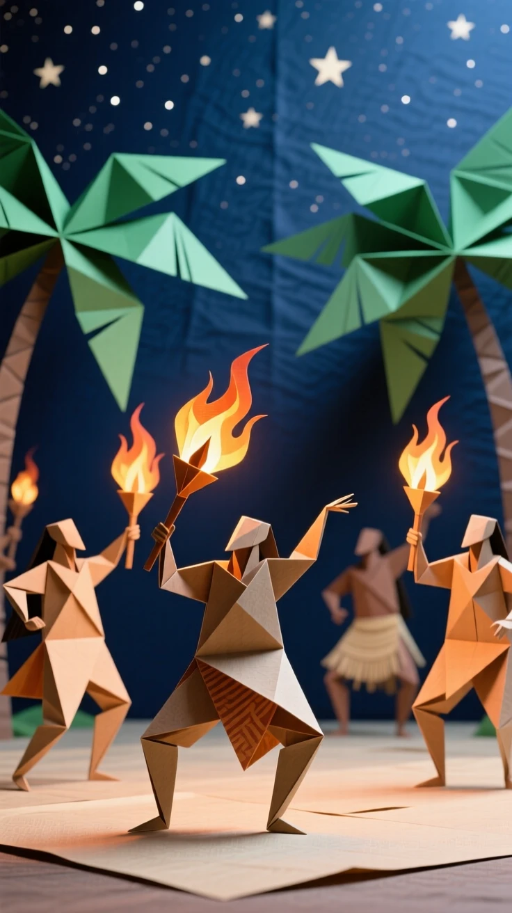 A Samoan fire dance celebration scene performed beneath a starlit tropical sky.