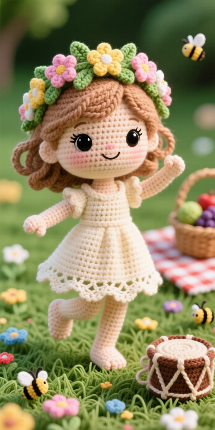 a little girl wearing a floral wreath crown, for a summer solstice celebration, is shown dancing barefoot in a meadow in a family garden set for a harvest gathering beside a small drum resting nearby, capturing joyful community celebration and shared tradition.