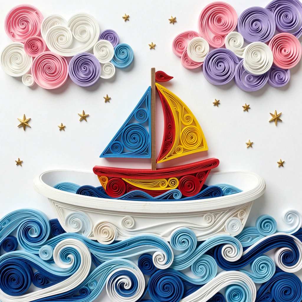 A whimsical children's scene of a toy sailboat racing across a bathtub sea beneath a sky full of fluffy cotton-candy clouds, with a sprinkle of twinkling stars overhead, composed with playful, bouncy rounded shapes throughout.
