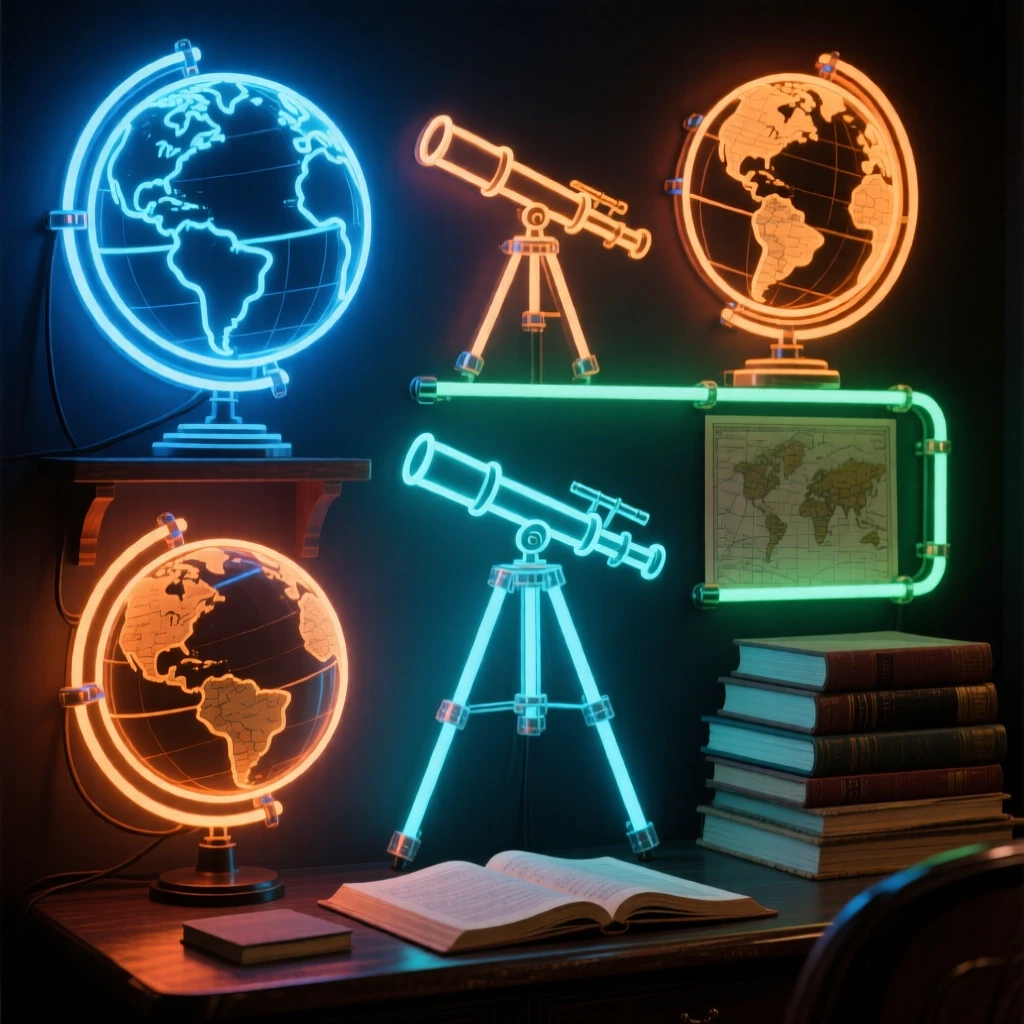 A study filled with globes, telescopes, and stacks of old maps.