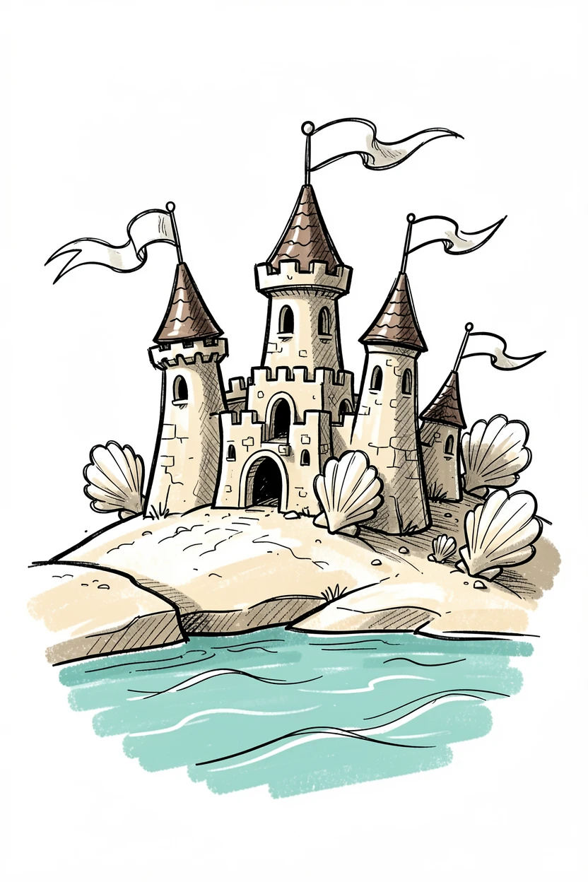 A sandcastle decorated with shells and flags overlooking a calm turquoise bay.