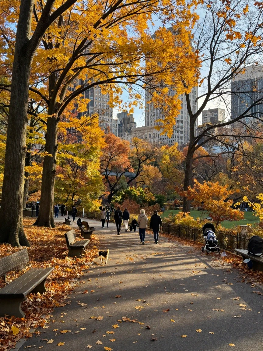 A Central Park autumn scene with golden trees