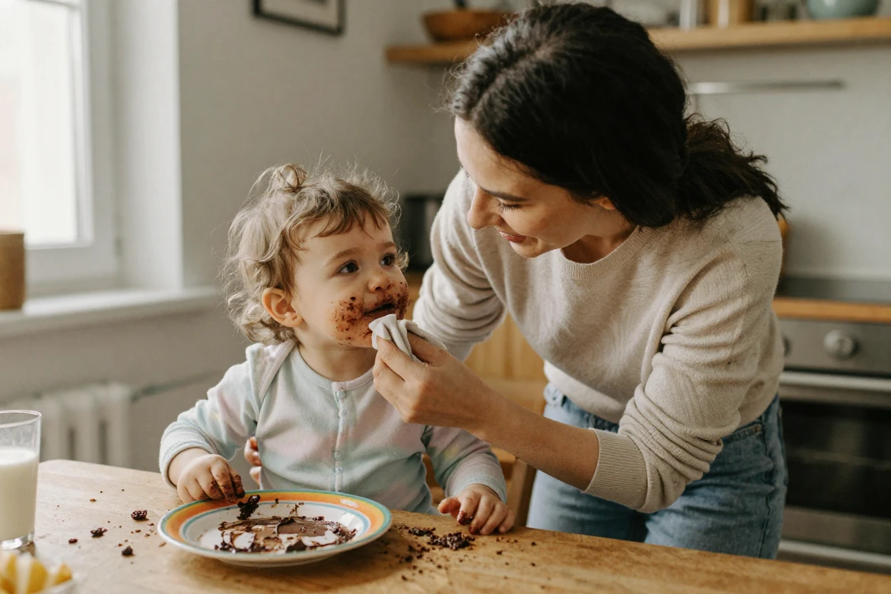 A mother wipes chocolate off her toddler's face after a messy dessert.