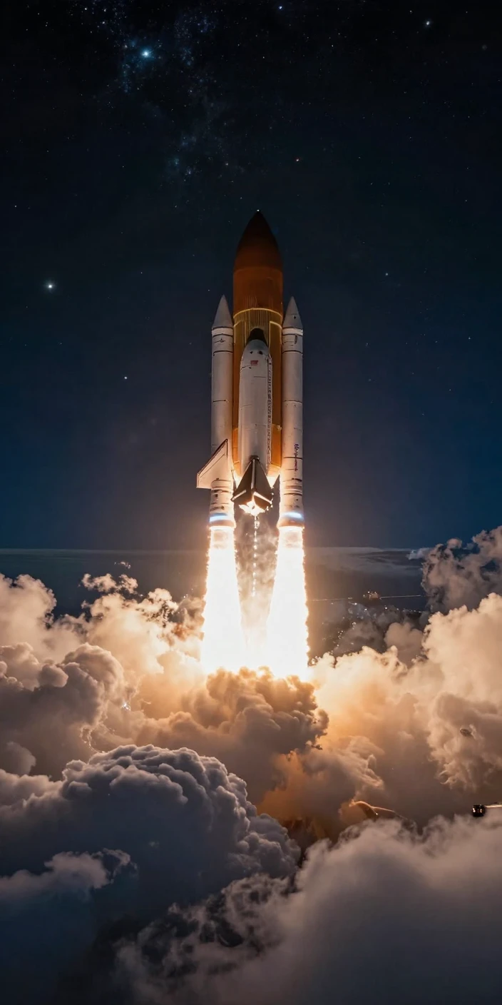 A deep space probe launching into a clear night sky high above a swirling ocean of clouds
