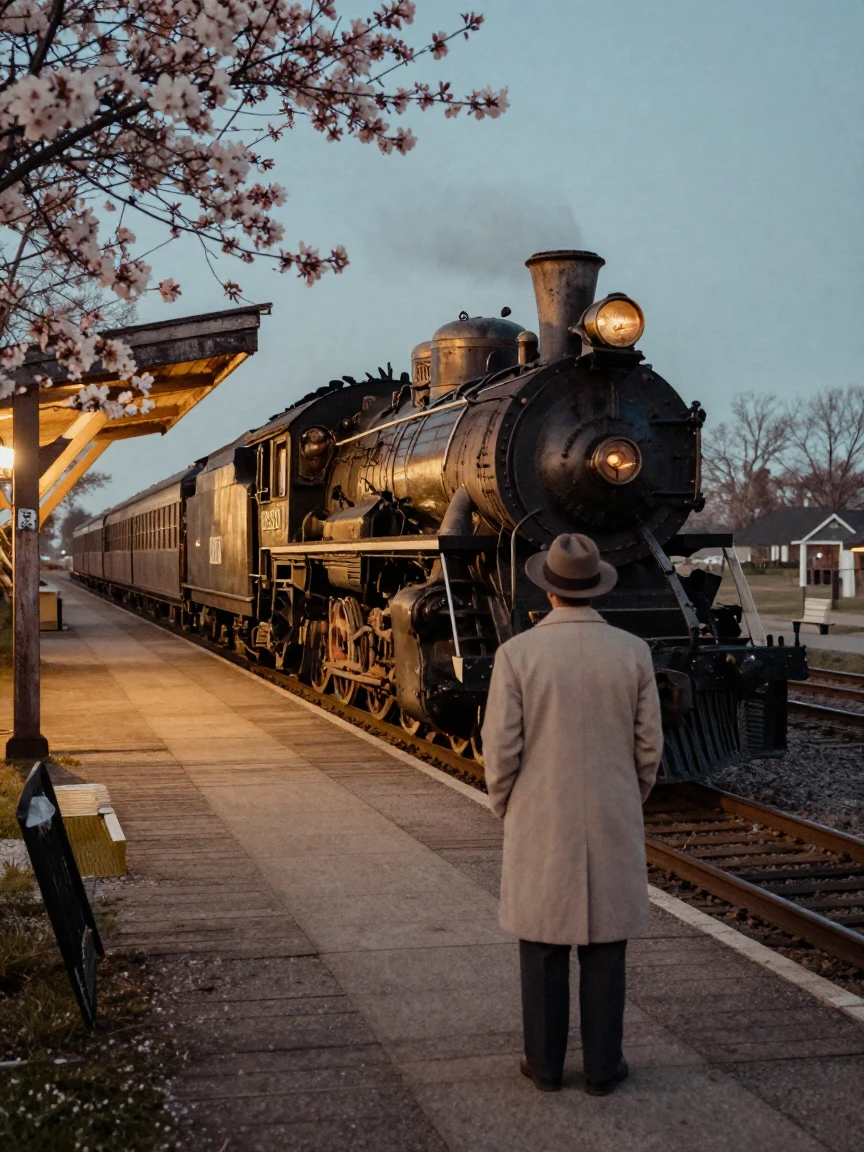 A vintage steam locomotive pulling into a quiet countryside station, in cool blue twilight, in still, windless air, as spring blossoms unfurl, in warm honey and cream tones, over the shoulder of the main subject.