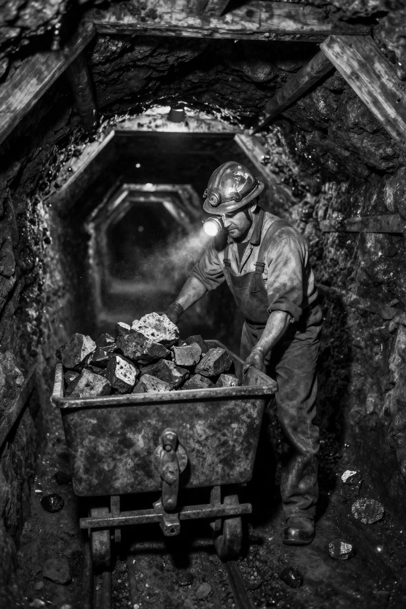 A miner loads a cart with freshly hewn coal deep underground in a mining tunnel.