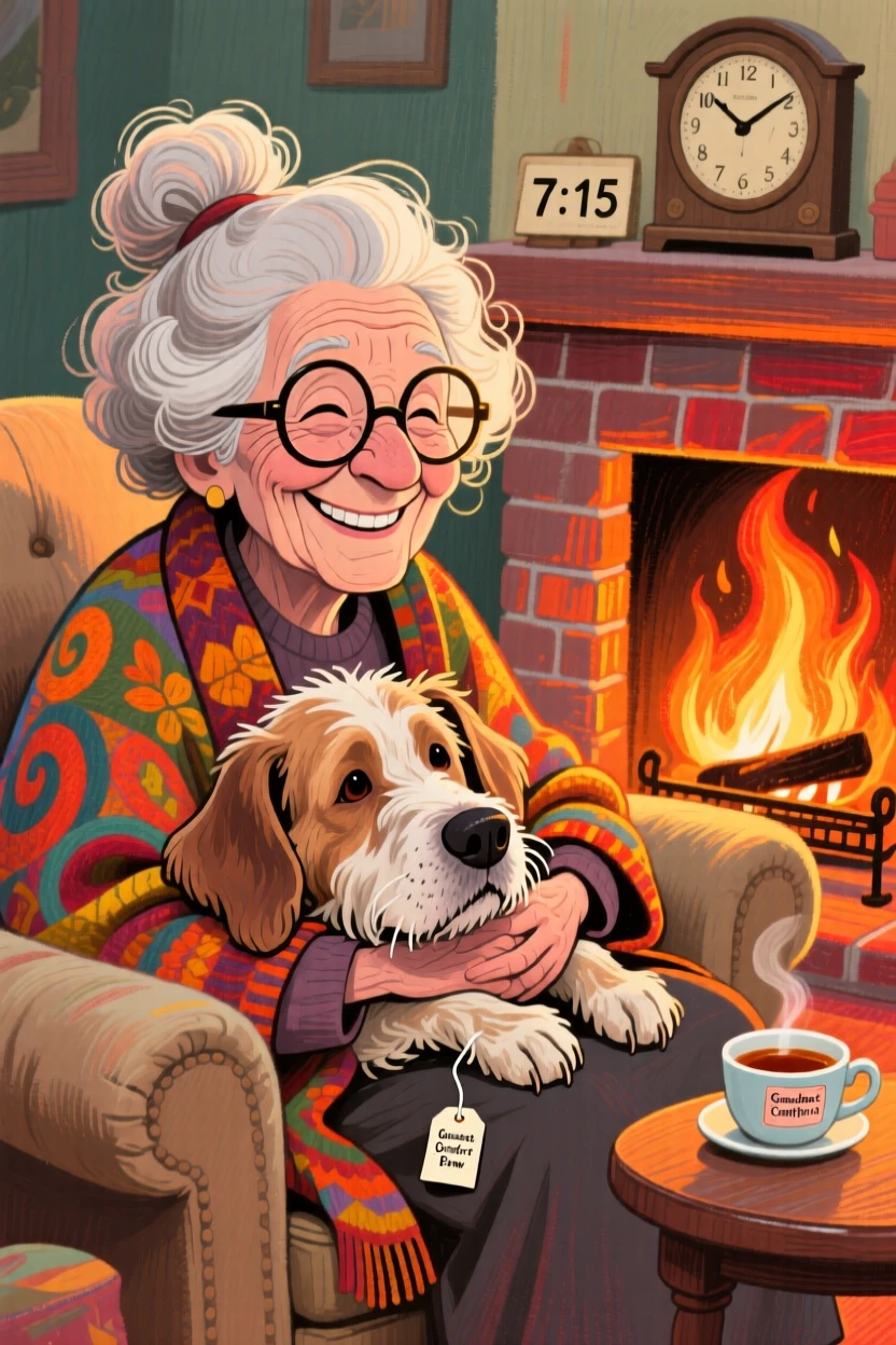 A grandmother's old dog resting his head on her lap by the fireplace.
