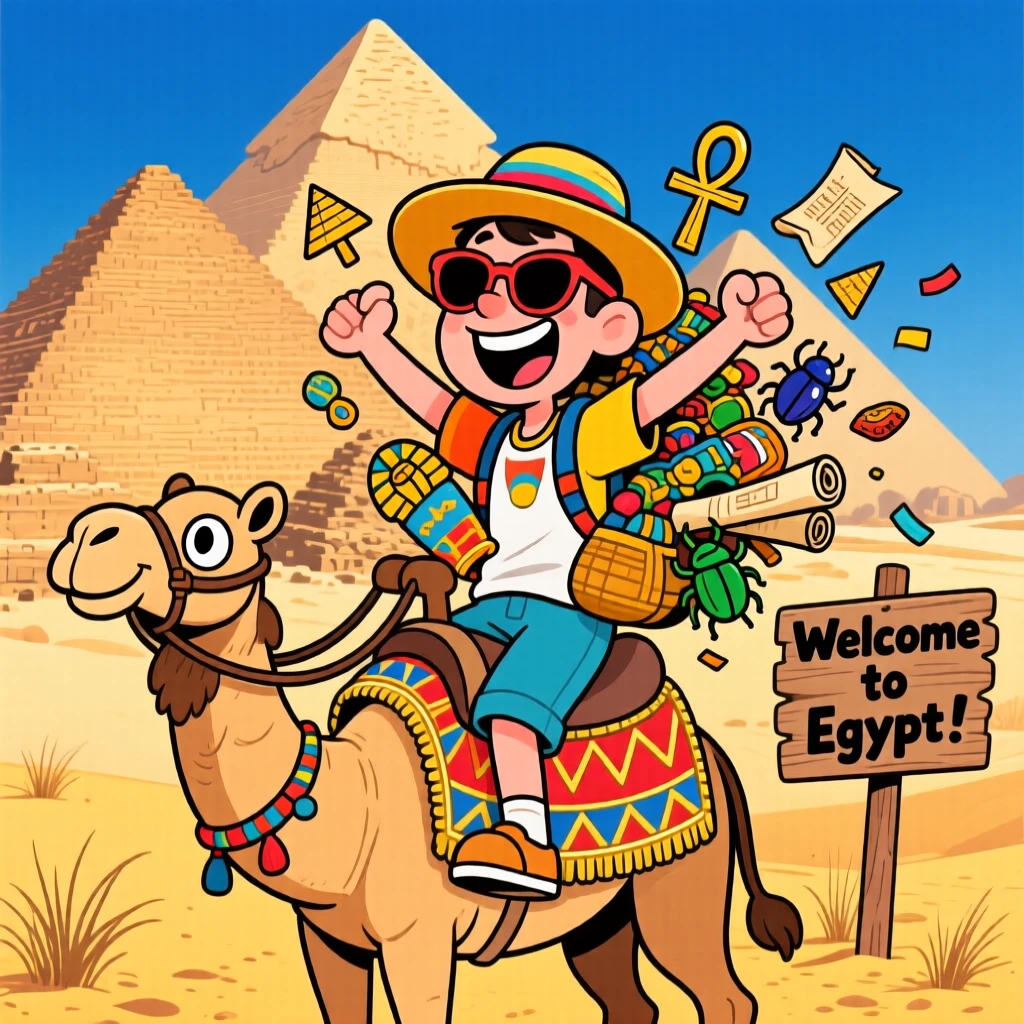 An iconic travel scene featuring a delighted tourist riding a camel past the pyramids of Egypt, with souvenirs already piling up in their arms.