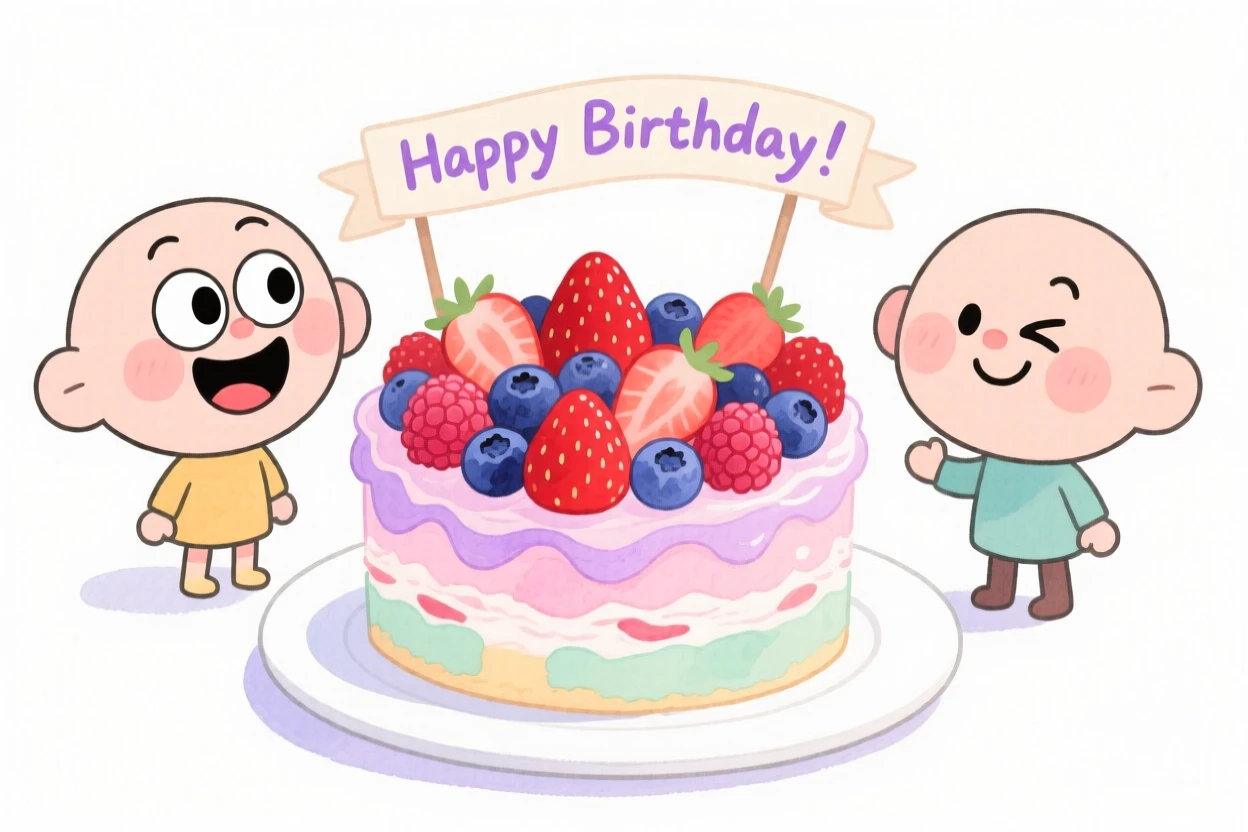 A cozy, appetizing, bright and cheerful scene of a birthday cake covered in fresh berries and pastel frosting