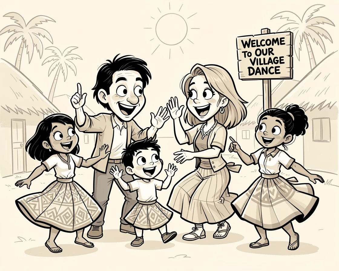 [Travel & Cultural Experiences] Vivid travel scene of a wide-eyed family of explorers learning a traditional dance from locals, full of wonder and adventure