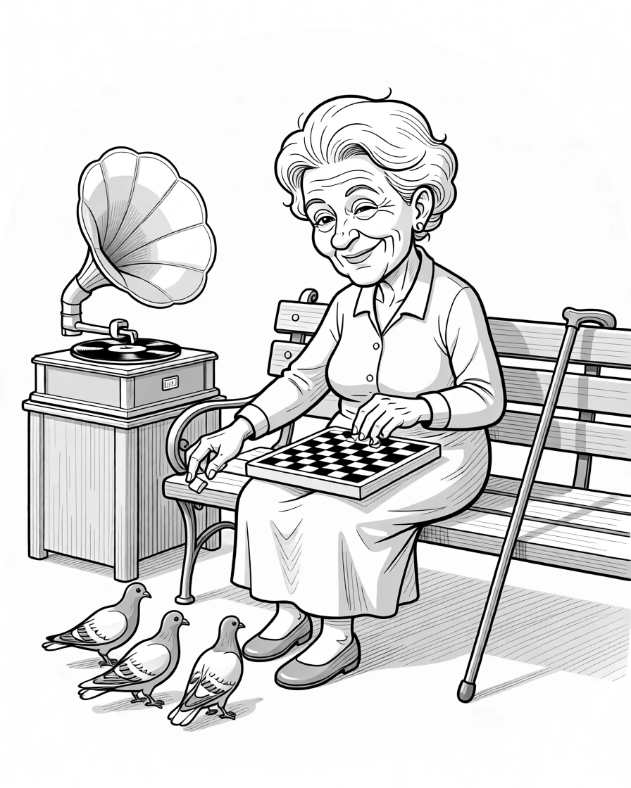 An elderly woman feeding pigeons on a park bench, sliding a checker piece across the board with a triumphant wink, set in a cozy living room with an old record player. A cane leans against a nearby bench, momentarily forgotten. The image honors a lifetime of stories worth telling.
