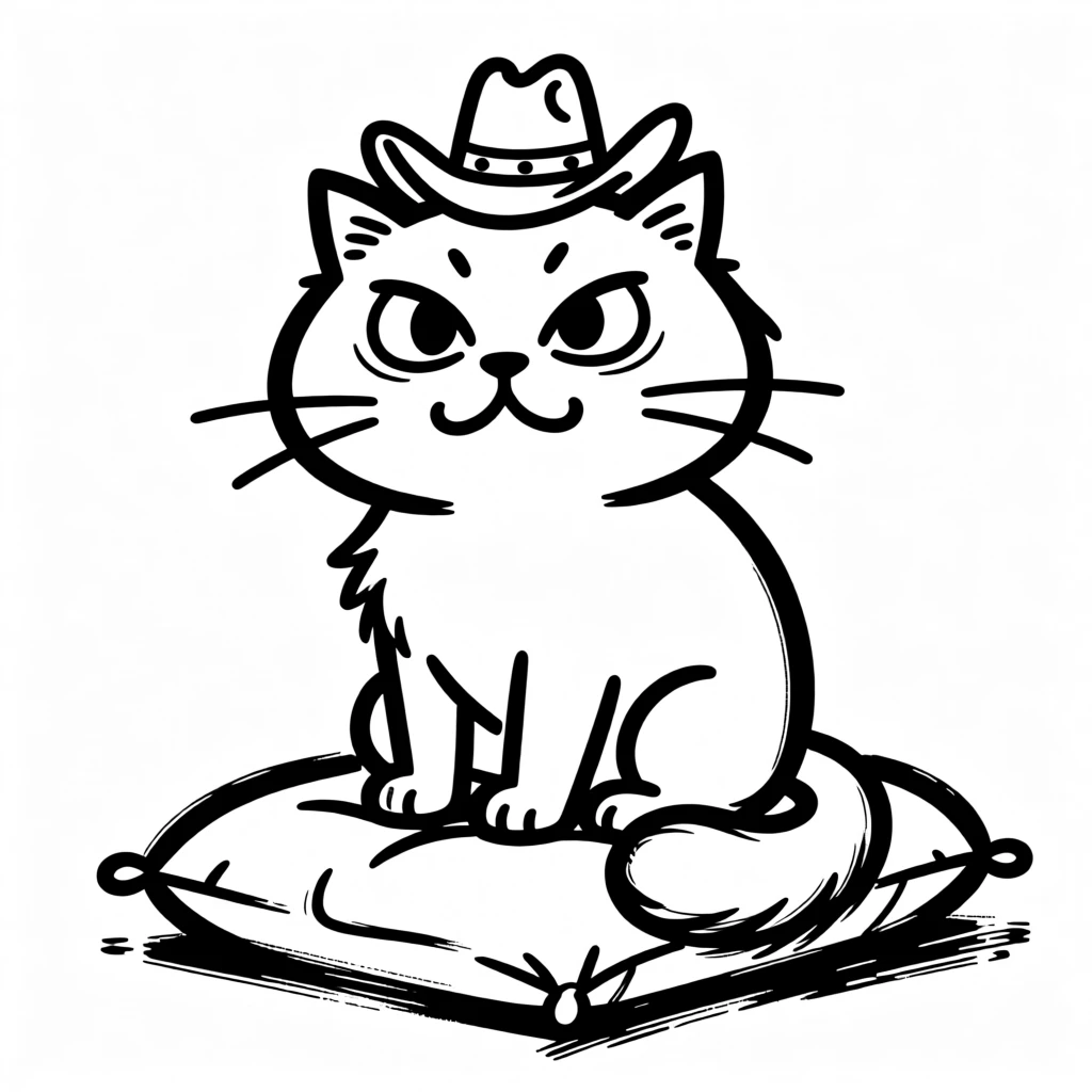 A persian cat wearing a tiny cowboy hat, sitting proudly on a saddle-shaped cushion.