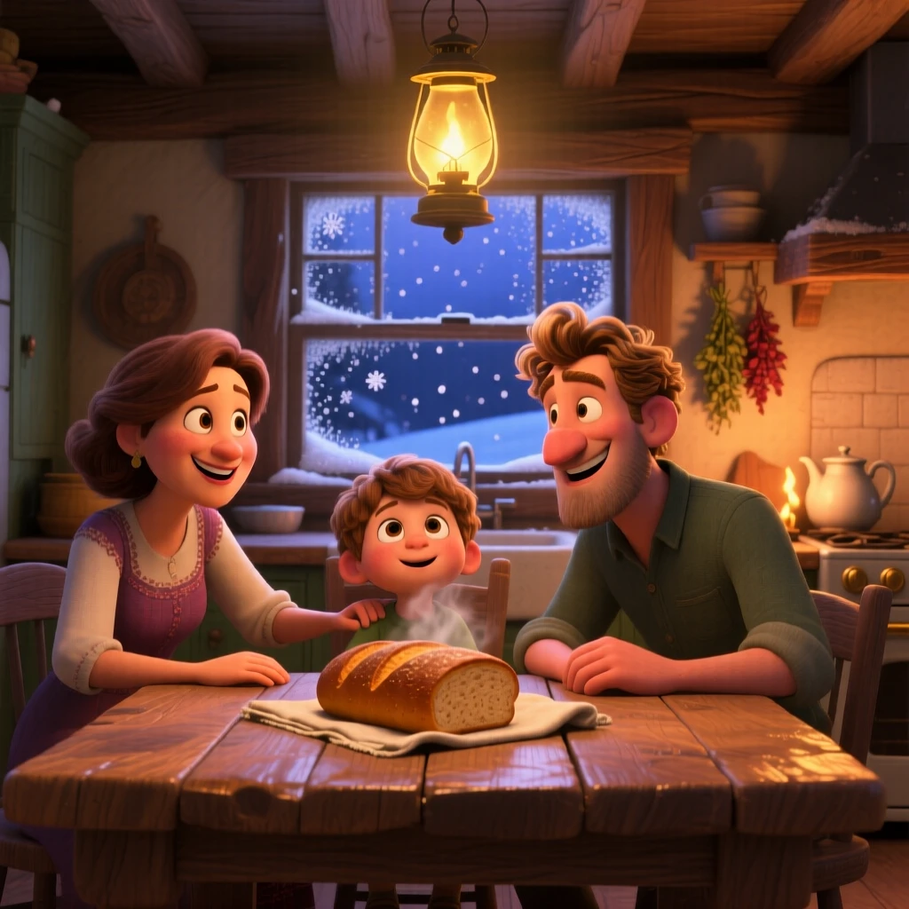 A small family gathered together sits at a rustic kitchen table with fresh bread cooling nearby, watching snowflakes drift past the window. A deep sense of comfort and quiet contentment fills the room, with warm shadows dancing on the walls.