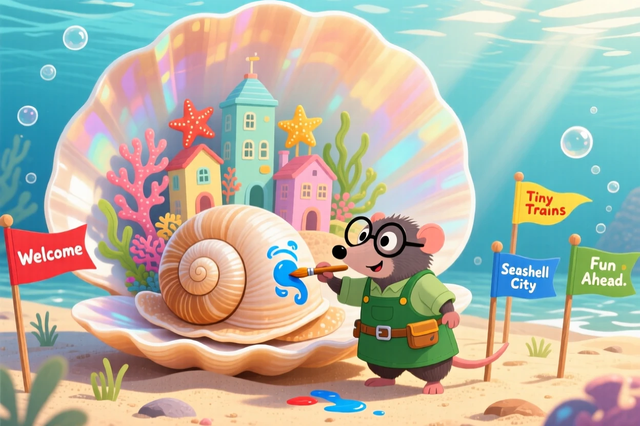 In a city built inside a giant seashell, a mole who builds tiny trains spends the day painting the inside of a snail's shell, with tiny flags fluttering in a light breeze.