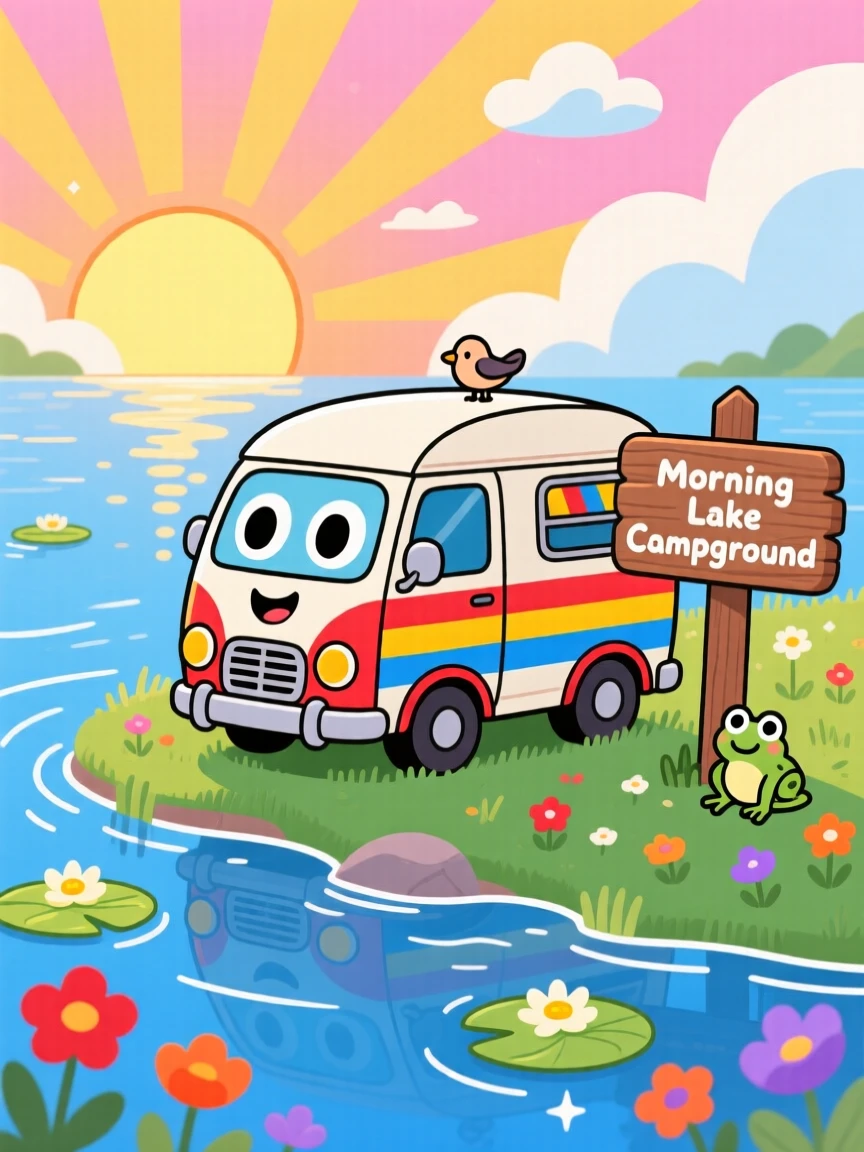 A tiny camper van parked beside a lake at sunrise.