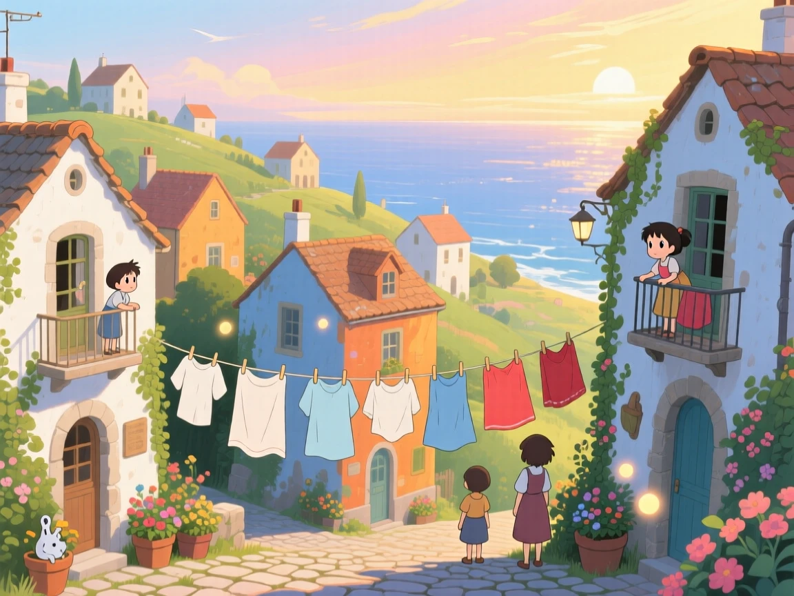 A scenic view of a hilltop town of whitewashed houses overlooking the sea, with laundry strung between colorful buildings.