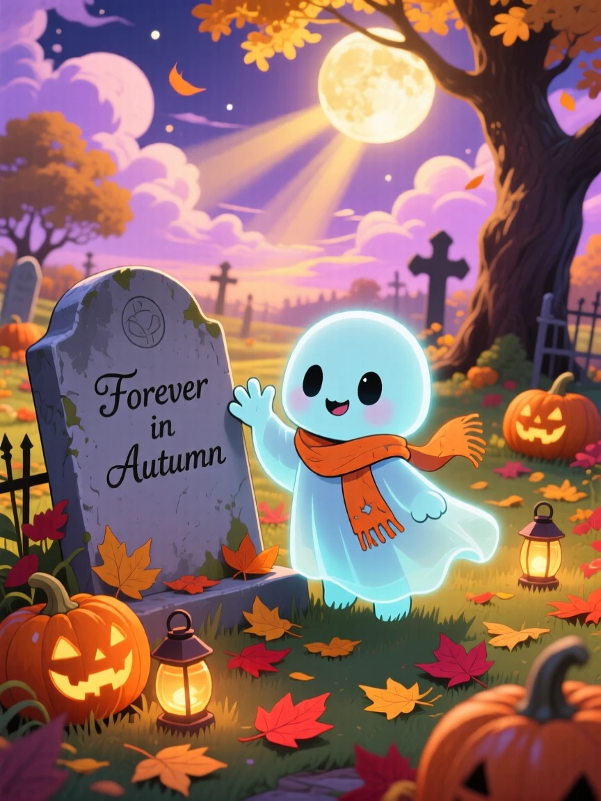 In a whimsical moonlit graveyard garden, a shy ghost child is waving hello from behind a tombstone during golden autumn harvest season, bathed in rays of sunrise breaking through clouds, expression full of playful mischief. Shot as a dynamic diagonal composition.
