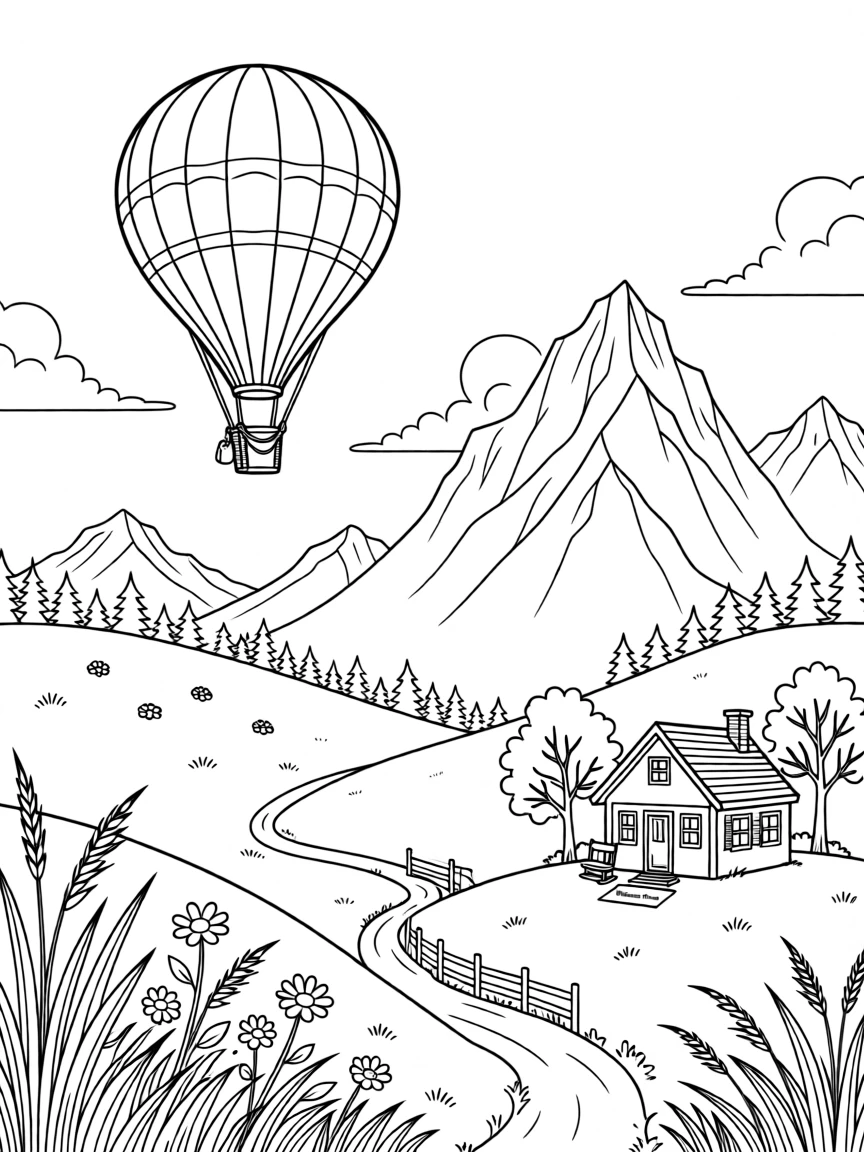 A hot air balloon drifting above rolling countryside hills, with mountains rising dramatically in the background.