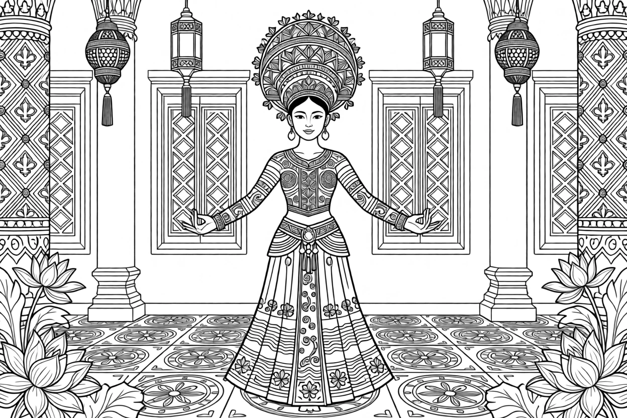 A temple dancer in an ornate gold headdress.