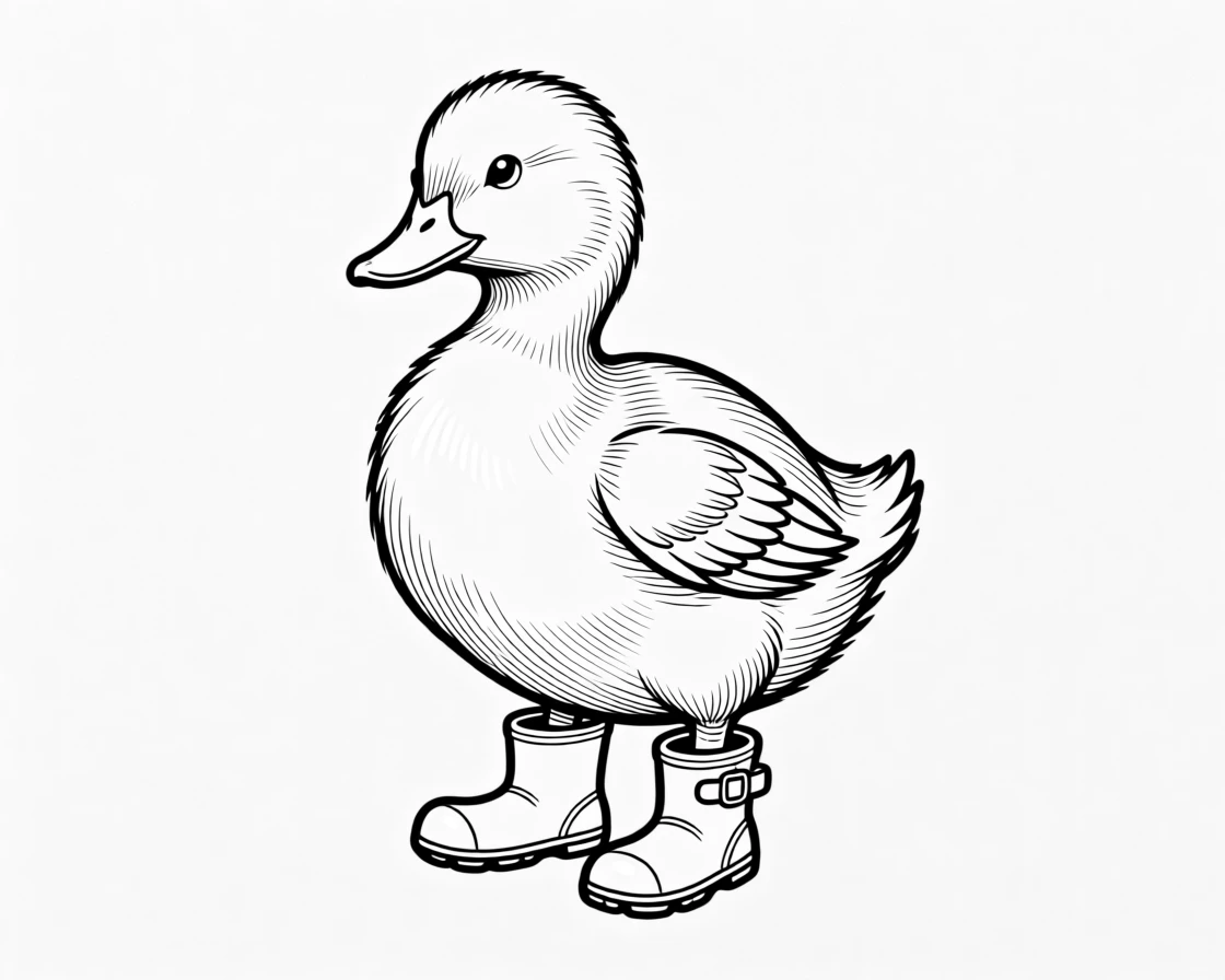 A plump duckling wearing tiny rain boots