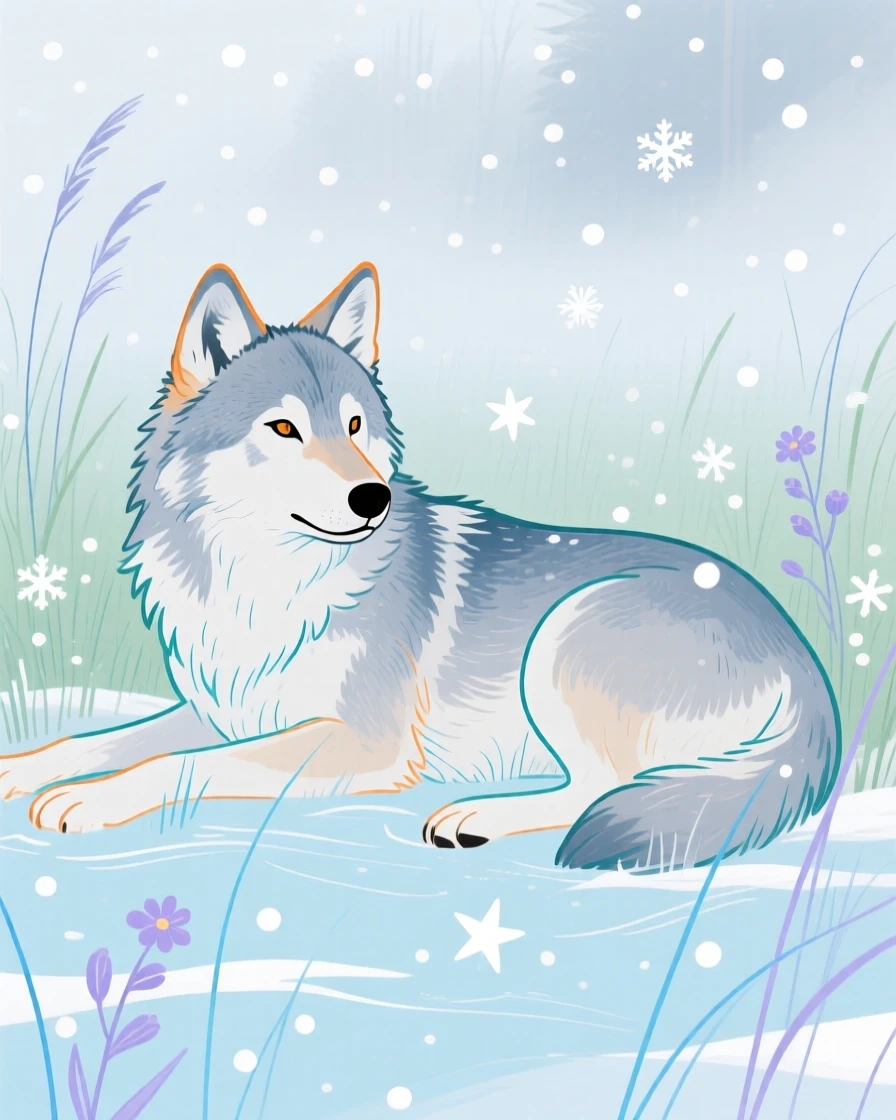 A young wolf resting in a misty morning field during a light snowfall.