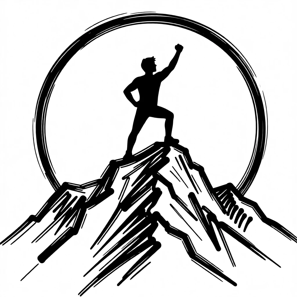 A hiker standing triumphantly atop a mountain peak at sunrise.
