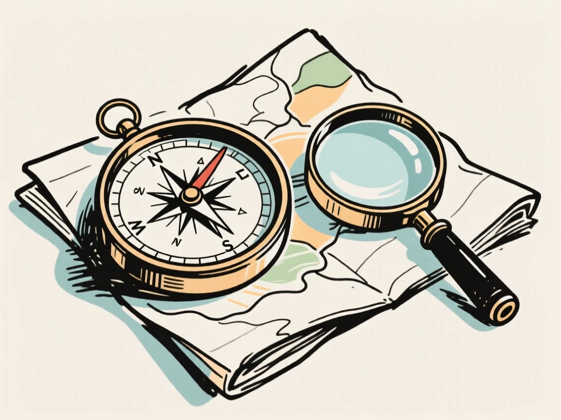 A vintage compass resting on a folded map beside a magnifying glass.