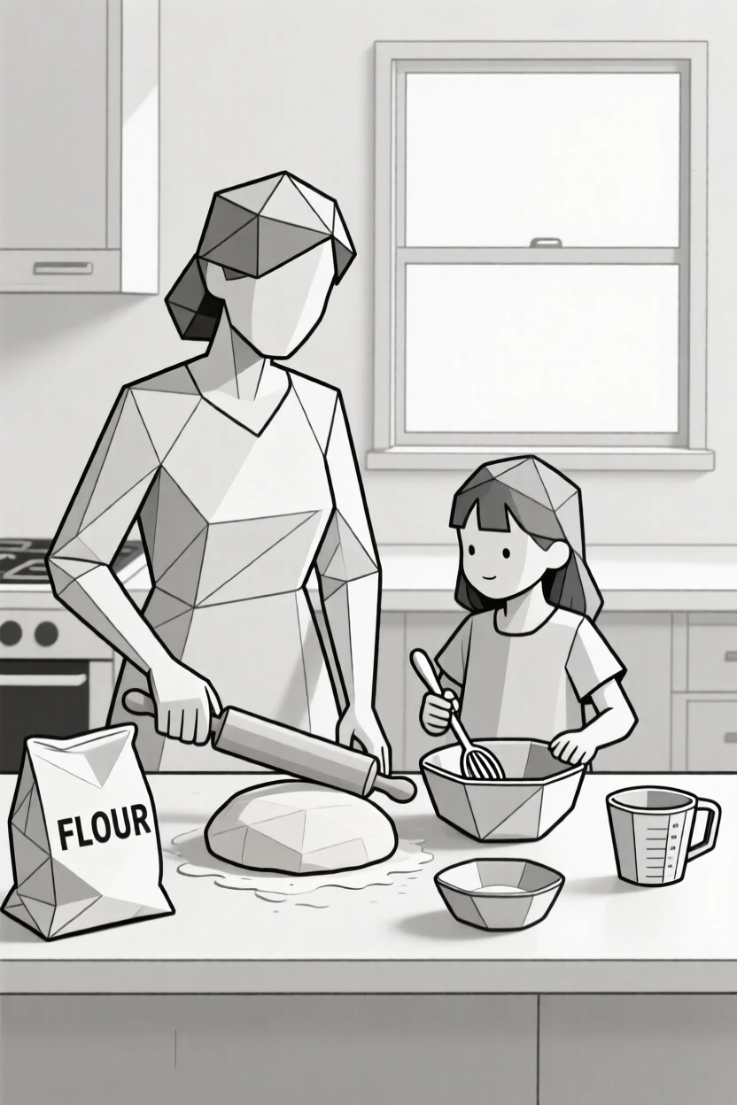 A mother and daughter baking together in the kitchen