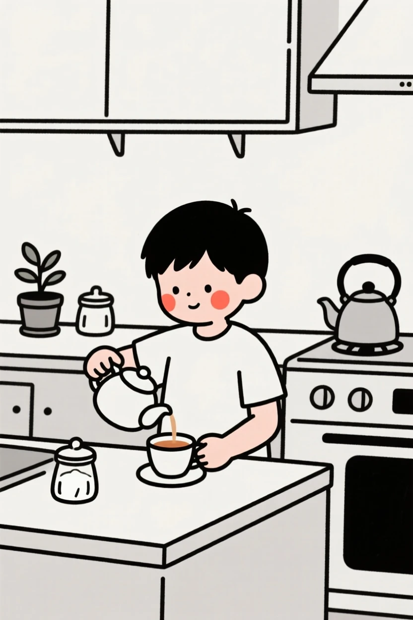 A young boy brewing tea in a cozy kitchen.