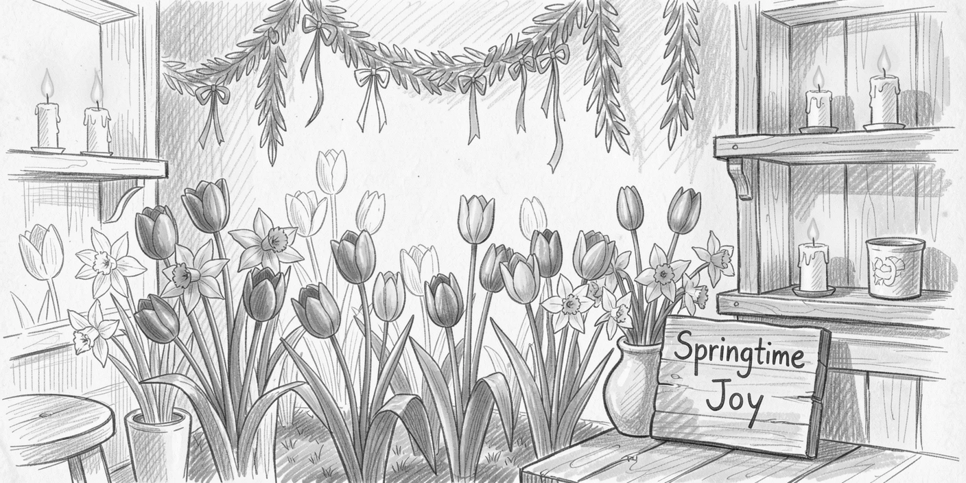 A joyful holiday moment: a spring garden bursting with tulips and daffodils in a cozy candlelit room, with decorations catching the eye at every turn.